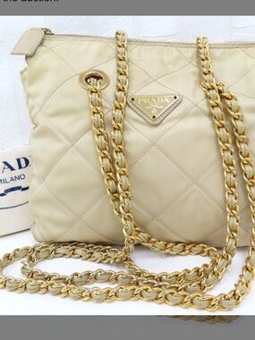 Prada Quilted Nylon Shoulder Bag in Beige with Gold Chain